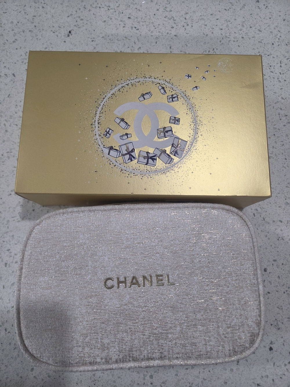 CHANEL Cream Glitter Cosmetic Pouch - Elegant Women's Accessory